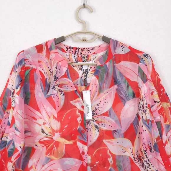 Chicos Pleated Sleeve Blouse Dreamy Lily Floral Watermelon Punch Red Pink 1.5 - Picture 3 of 15